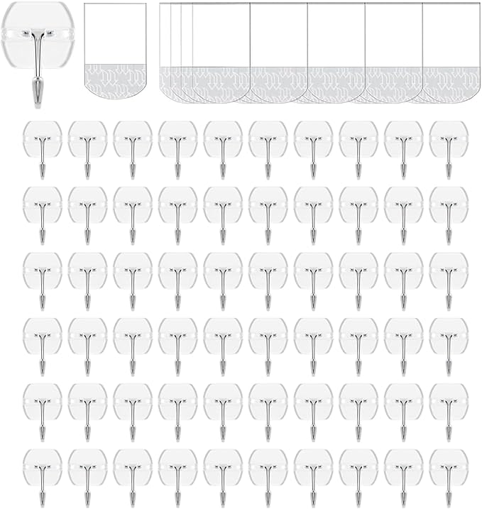 60 Hooks-70 Removable Strips,Clear Small Wire Hanger Hooks Value Pack, Damage Free Hanging Wall Hooks with Adhesive Strips, Removes Cleanly, No Tools Utility Hooks for Hanging Decorations