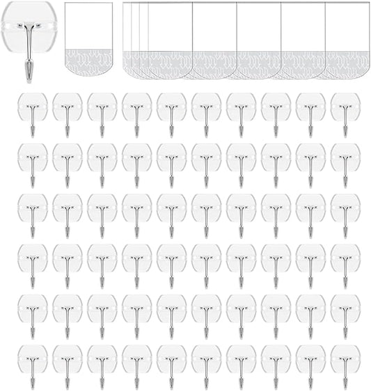 60 Hooks-70 Removable Strips,Clear Small Wire Hanger Hooks Value Pack, Damage Free Hanging Wall Hooks with Adhesive Strips, Removes Cleanly, No Tools Utility Hooks for Hanging Decorations
