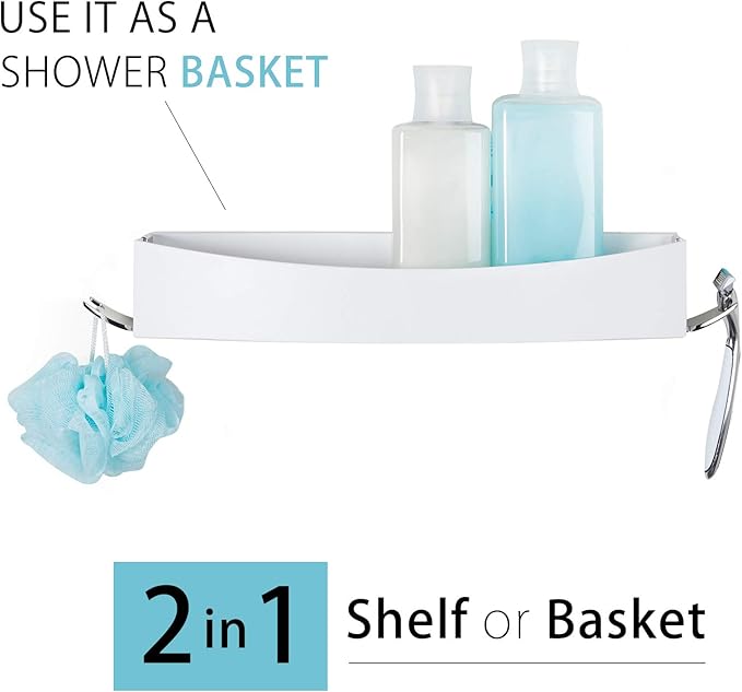 Better Living Clever Flip Shower Shelf, Basket or Shelf, Wall Mounted Shower Caddy Organizer with Removable Hooks, Multi-Purpose, No Drilling Adhesive, 16.88" x 4" x 2.88", White