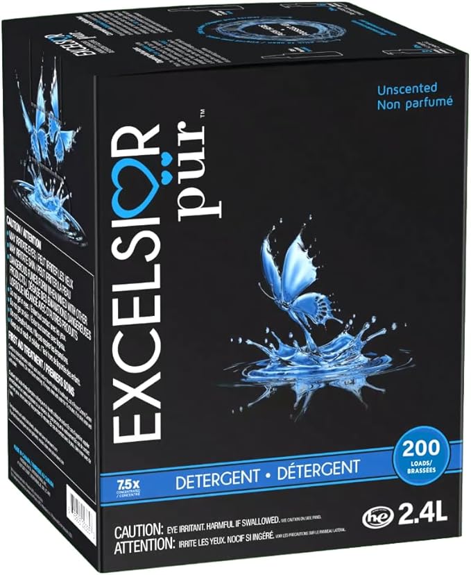 Excelsior Pür 7.5x Concentrated Laundry Detergent, 2.4 L (200 Loads), Fragrance Free/Unscented, Odor Control, Eco-Dispenser + Stain Remover, HE Compatible