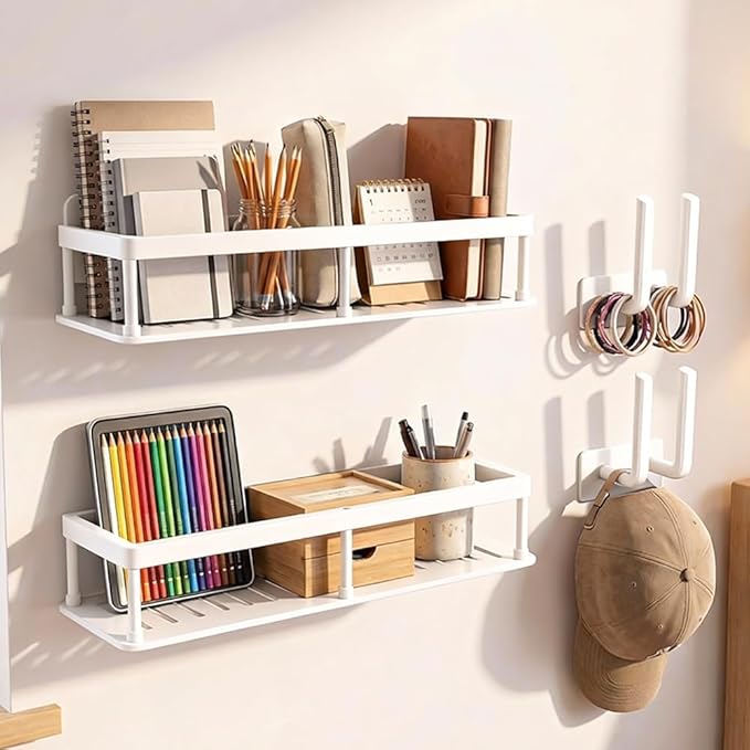 2pc Wall Mounted Floating Shelf, Detachable Storage Rack,No Drill Shelves for Wall,Floating Shelves Damage-Free Expand Walls Space for Living Room Kitchen Bathroom (4, White)