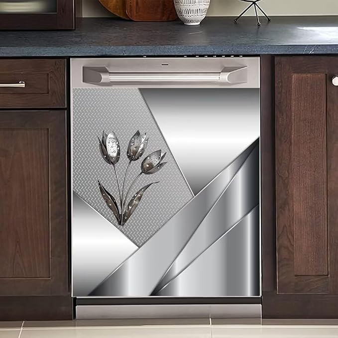 Generic Polished Metal Texture Dishwasher Magnetic Cover for Door Front,Silver Stainless Steel Flowers Refrigerator Magnet Decor Floral Magnet Panel Decal, Fridge Home Appliance Sticker 23x26inch