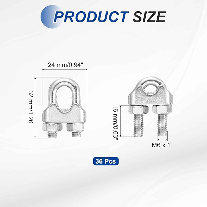 MECCANIXITY 36Pcs Wire Rope Cable Clip Clamps 1/4 Inch M6 Small 304 Stainless Steel U Bolt Saddle Fasteners Hardware for Secure Rigging Marine Guy Line Fence Clothesline, Silver