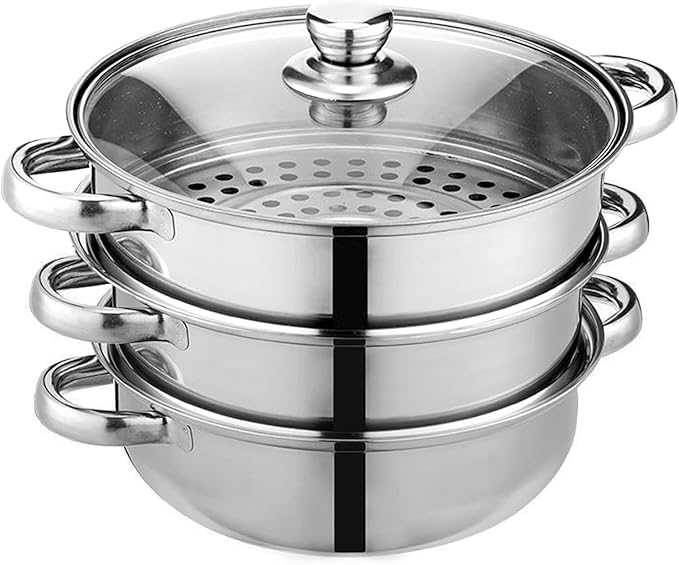 Steamer Pot for Cooking 11 inch Steamer Pot, 3-tier Multipurpose 18/8 Stainless Steel Steam Pot Cookware with Lid for Vegetable, Dumpling, Stock, Sauce, Food