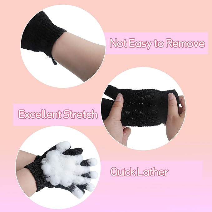 108 Pcs Exfoliating Glove Bulk with Hanging Loop Black Shower Gloves for Men Women Massage Scrubs Beauty Spa Body Bath Dead Skin Remover Exfoliating Body Scrubber
