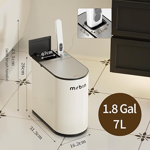 MRBIN Motion Sensor Bathroom Trash Can and Disposable Toilet Brush Holder Set, 1.8 Gallon Slim Touchless Small Garbage Pail, Toilet Smart Waste Basket with Lid and Odor Filter, Cream White