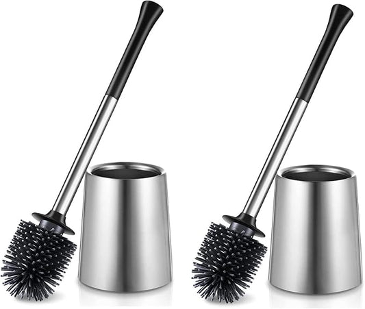 HAMITOR Toilet Bowl Brush Holder Set: 2Pack Silicone Stainless Steel Deep Cleaning Toilet Cleaner Brush for Bathroom Restroom - Compact Modern Rv Toilet Scrubber Accessories with Caddy