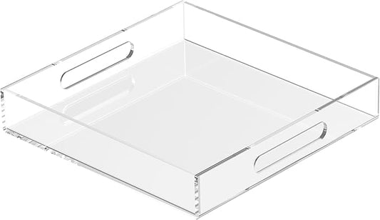 Acrylic Tray 12x12 with Cut Handles - Spill Proof Decorative Tray is an Ideal Countertop Organizer for Living Rooms, Ottoman Coffee Tables, Offices, Kitchens & Serving Guests