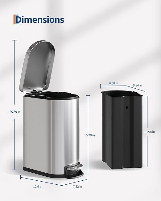 Stainless Steel Bathroom Trash Can with Lid, Slim Waterproof Garbage Can, Small Step-on Metal Trash Bin with Soft Close Lid, Inner Bucket & Rear Handle for Bathroom, Bedroom, Kitchen