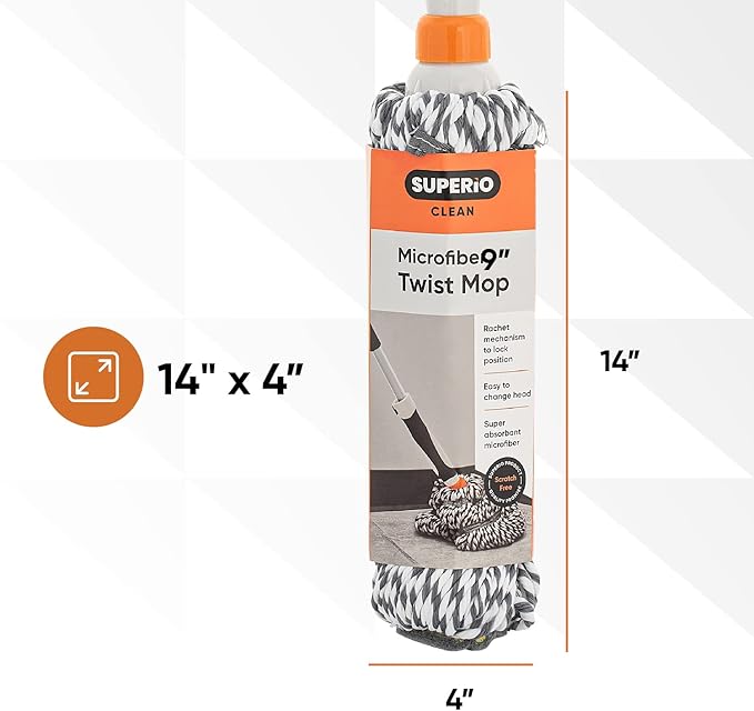 Superio Twist Mop Heads Self Wringing Mop Replacement Microfiber Mop Refill Commercial/Industrial Use.-Grey