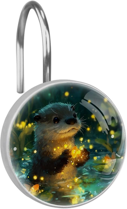Cute Otter Shower Curtain Hooks Rings, Stainless Steel Rust Proof Shower Curtain Hooks, Decorative Shower Hooks for Bathroom Shower Rods Curtains, Set of 12