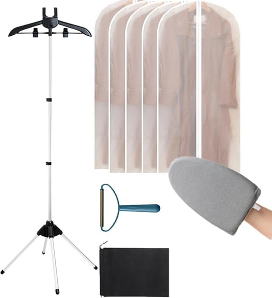 Garment Steamer Rack, 63 Inch Stand Up Steamer with Ironing Board & 5 Dust Bags, Foldable Clothes Steamer Stand Hanger for Travel Home