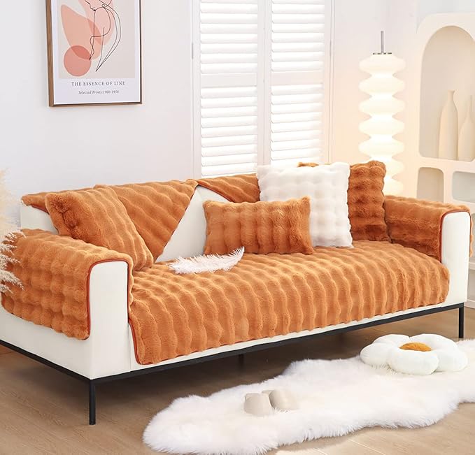 Soft Warm Faux Fur Couch Sofa Cover Thick Shaggy Fuzzy Sectional Couch Cover Non-Slip Solid Color Plush Sofa Slipcover Furniture Protector for Kids, Pets (Dark Orange,28"x82")