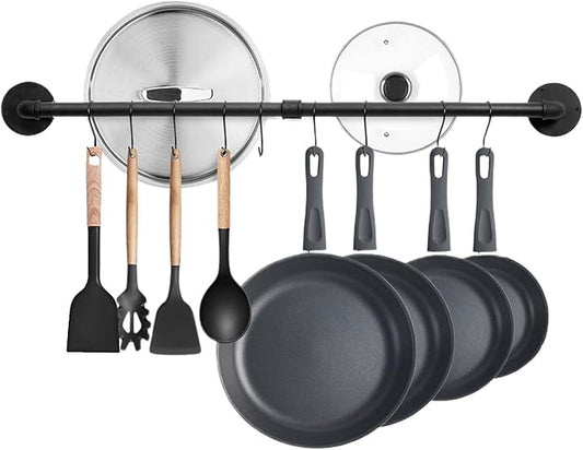 32 inch Pot Rack Wall Mounted Pan Hangers for Kitchen, Industrial Pipe Utensils Hanging Rail Iron Detachable Storage Organizer Lids Holder with 8 S Hooks, Black