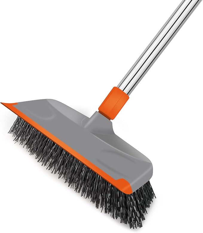 BITOPE Deck Scrub Brush with Long Handle, Heavy Duty Floor Cleaning Scrubber with Stiff Bristles Garage Concrete Cleaner Tool for Cleaning Tile Patio Outdoor Porch Indoor Kitchen Shower Bathroom