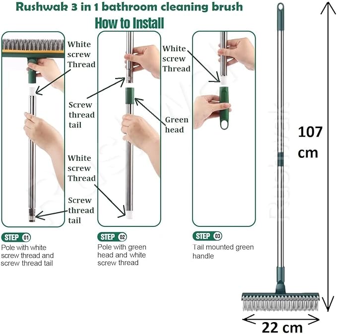 3 in 1 Long Handle Bathroom Cleaning Brush with Wiper, 180° Rotate for Floor/Toilet Cleaning (Multicolor)
