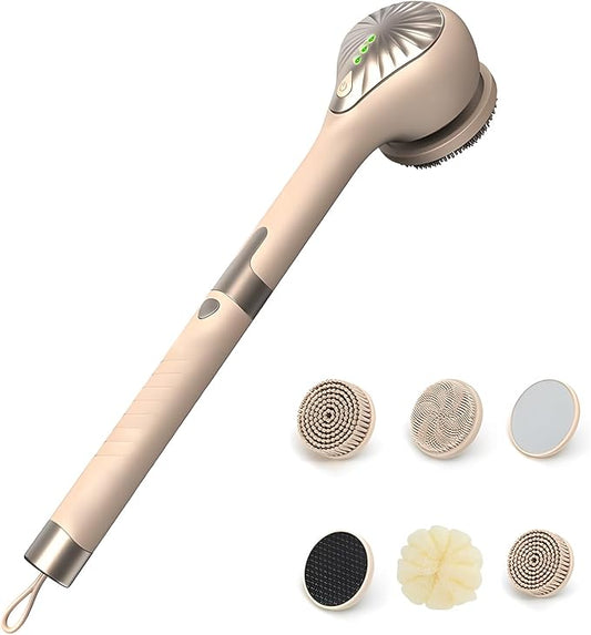 Electric Body Brush Back Scrubber for Shower, Waterproof Long Handle Power Body Scrubber with 6 Heads, Rechargeable Bath Brush & 3 Speeds, for Cleansing, Exfoliating and Massaging Skin (Yellow)