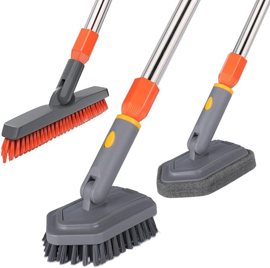 BITOPE Tub Scrubber with 3 Types of Brush Heads, Long Handle Shower Cleaning Brush, Stiff Bristles Brush & Sponge for Cleaning Bathtub, Wall, Tile, Bathroom, Grout line, Floor Gap