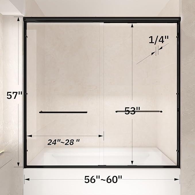 Bathtub Shower Door, 56-60" W x 57" H Semi-Frameless Bypass Double Sliding Tub Door with 1/4 inch Clear Tempered Glass for Walk in Shower, Matte Black