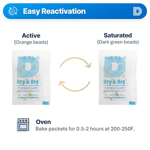 Dry & Dry 5 Gram [35 Packets] Premium Pure & Safe Orange Indicating Silica Gel Packets Desiccant Dehumidifiers - Food Safe Silica Packets Silica Gel Moisture Absorbers