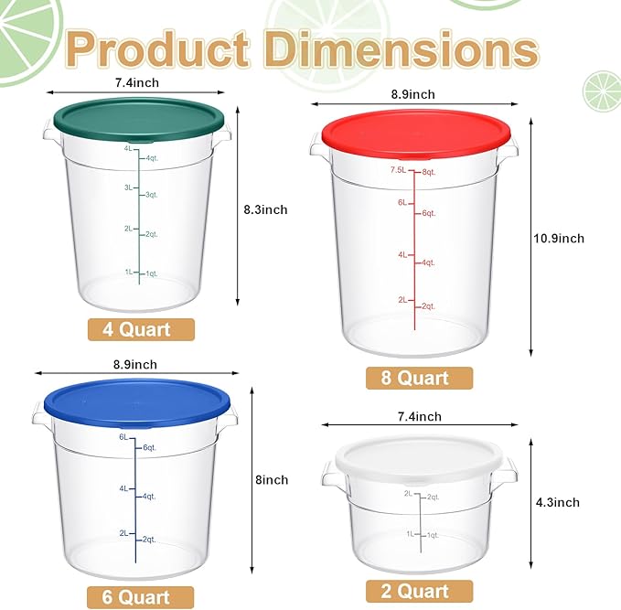 Sawysine 4 Pcs Food Storage Container with Lids Set Proof Dough Clear Round Commercial Containers with Scales and Handles for Bread Dough Rise Restaurant Home Food Storage (2 Qt 4 Qt 6 Qt 8 Qt)