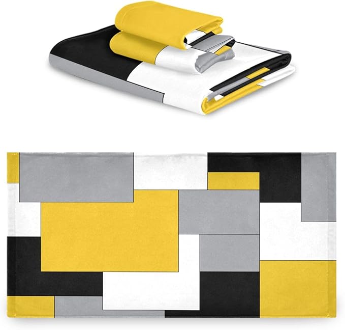 Yellow Black Geometric Bath Towels Set,Ultra Soft 3 Piece White Grey Abstract Modern Towels for Bathroom,1 Bath Towel 1 Hand Towel 1 Washcloth,Absorbent Quick Dry Decoractive Bathroom Towels