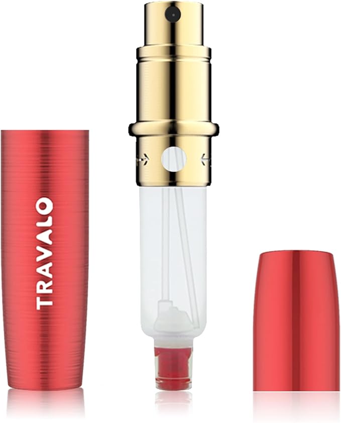 Travalo LUX Perfume Atomizer - Leak-Proof and TSA Approved for Air Travel - Reusable Airtight Easy Fill Mini Pump Sprayer - Lightweight Portable - Brushed Polished Metal Alloy Outer Shell Red 0.17oz