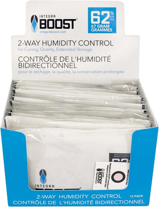 Integra Boost - 62% RH Level - 67 Gram Size - Two-Way Humidity Control Pack - Incl. Replacement Indicator Cards - Food Storage & Herbs Moisture Balancer For Up to 1 LB (Pack of 12)