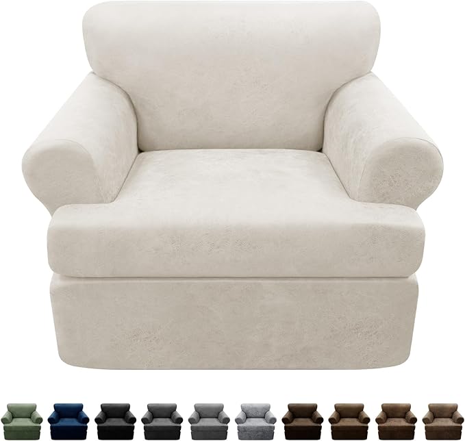 2-Pieces T Cushion Armchair Slipcovers Leather Look Couch Cover Chair Covers Stretch Furniture Protector Sofa Cover with 1 Individual T Cushion Seat Cover Slipcover Sets Washable, Beige