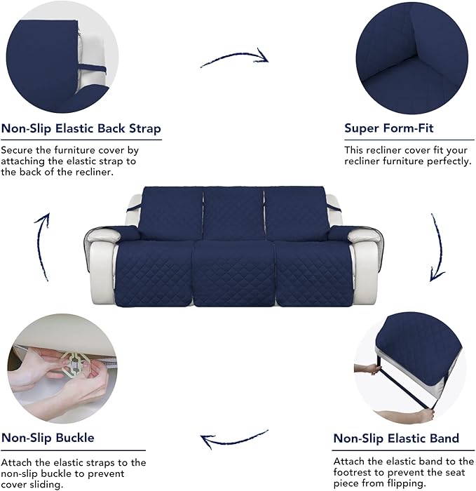 PureFit Water Resistant Reversible Sofa Covers for Reclining Sofa 3 Seat - Non Slip Split Recliner Couch Cover for 3 Cushion Couch, Washable Furniture Protector for Kids, Dogs (3 Seat, Navy/Ivory)
