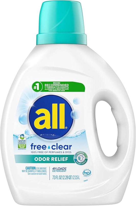 all Liquid Laundry Detergent, Free Clear, Odor Relief, 73 Fluid Ounces, 49 Loads