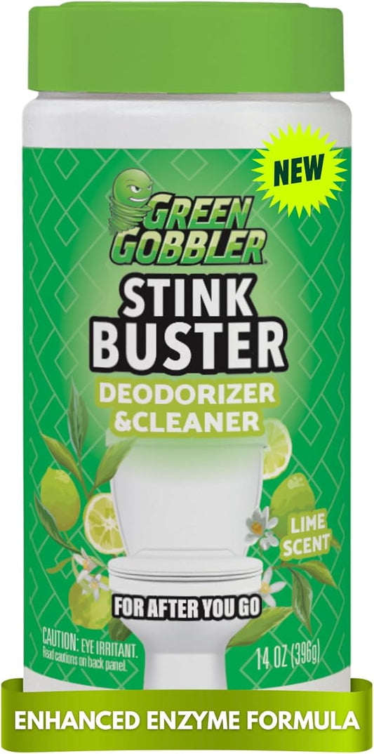 Green Gobbler Stink Buster Toilet Deodorizer & Cleaner For After You Go – Fresh Lime Scent, Bleach-Free, Enzyme Enhanced, Safe for Toilet, Pipes & Septic, Eliminates Odors & Residue, 15+ Uses