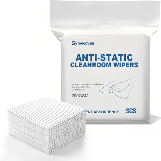 Anti-Static Microfiber Wipes 9"x9"(50 Pcs,Class 100, 200GSM) Lint Free Cloths Reusable Special ESD protection design is suitable for protecting sensitive electronic components and tools