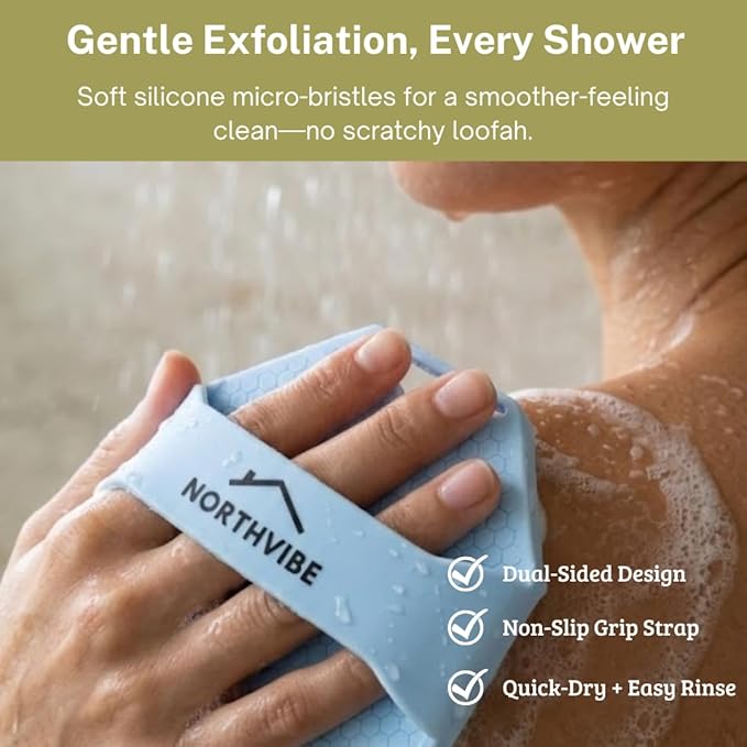 NORTHVIBE Silicone Body Scrubber for Shower, Soft Micro-Bristle Exfoliating Bath Brush, Loofah Alternative, Hand Loop Strap Grip, Quick-Dry Easy-Rinse Platinum-Cured Silicone, Sensitive Skin (Blue)