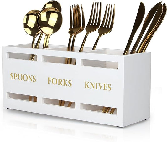 Ayiaren Wood Flatware Silverware Caddy White Cutlery Holder Kitchen Utensils Holder for Party Wooden Silverware Organizer for Countertop Knife Spoon and Fork Holder Table Utensil Caddy Organizer