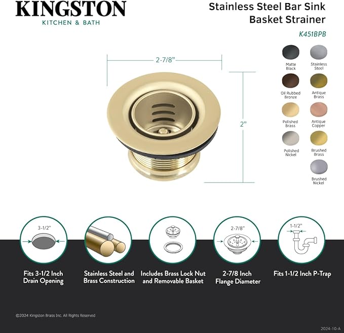 Kingston Brass K451BPN Portland Stainless Steel Bar Sink Basket Strainer, Polished Nickel