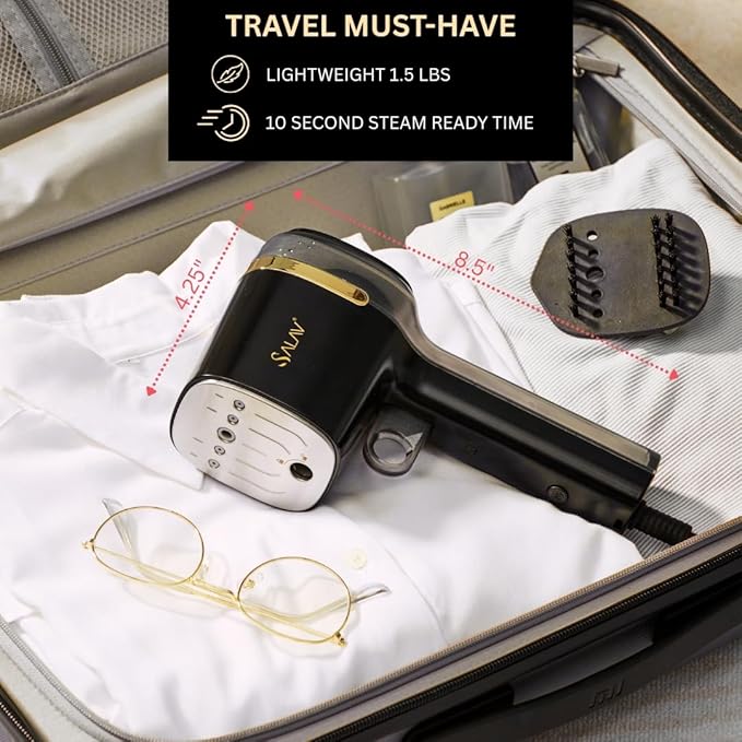 SALAV® Quicksteam Portable Travel Hand Held Garment Steamer for Clothes, 10 seconds Fast Heating Time, Removes Wrinkles on Clothes and Fabrics, No Drip Steam, Stainless Steel Plate
