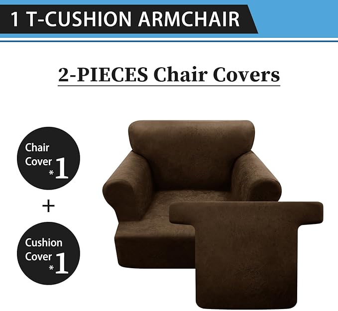 2-Pieces T Cushion Armchair Slipcovers Leather Look Couch Cover Chair Covers Stretch Furniture Protector Sofa Cover with 1 Individual T Cushion Seat Cover Slipcover Sets Washable, Dark Brown