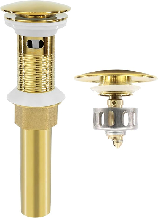 Bathroom Sink Drain, Gold Drain Stopper Bathroom Sink with Overflow,Pop Up Drain Assembly with Detachable Strainer Basket,Built-in Anti-Clogging Strainer,Stainless Steel Gold