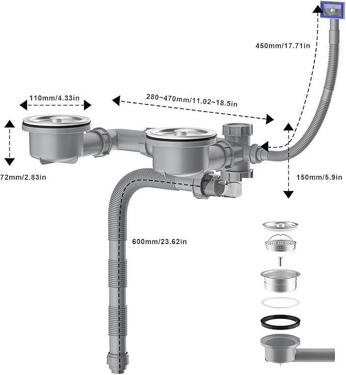 Double Sink Drain Kit Space Saving Kitchen Sink Drain Kit Multi Function P Trap Adjustable Kitchen Sink Drain Kit Universal Kitchen Sink Drain Kit 1 1/2 Flexible Drain Pipe