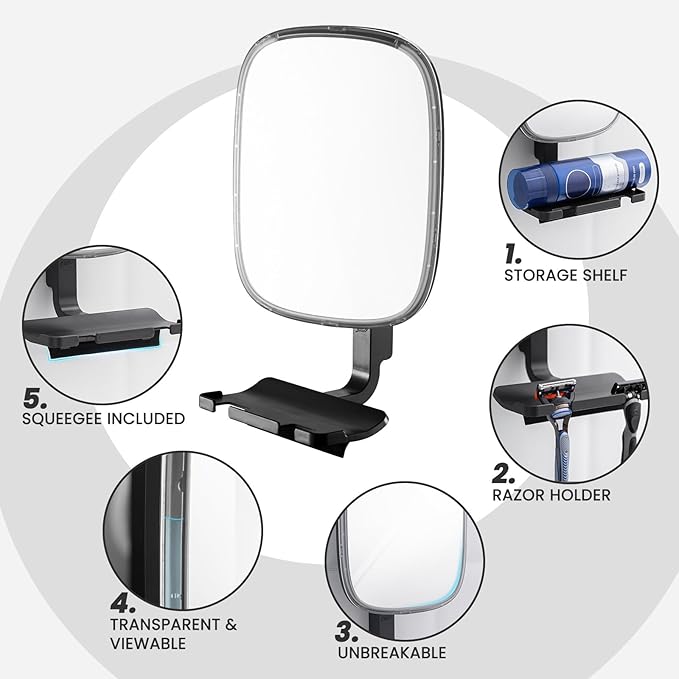 TAILI Fogless Mirror for Shower with Squeegee,Removable Fog Free Suction Mirror with Razor Holder for Shower Accessories,Bathroom, Adjustable,Shatterproof - for Men and Women-Black