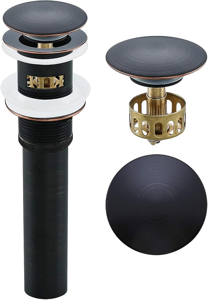 Oil Rubbed Bronze Pop Up Drain with Overflow,Bathroom Sink Drain with Hair Strainer Basket Hair Catcher Push Sink Drain Lavatory Drain 83606-1ORB.
