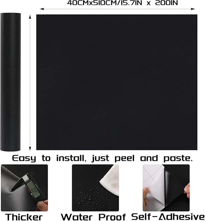 Black Contact Paper - 15.7 x 200 Inch Peel and Stick Wallpaper, Matte Black Wallpaper, Self Adhesive and Removable Decorative Contact Paper for Cabinets,Stand Liner, Table and Door Makeover Decor
