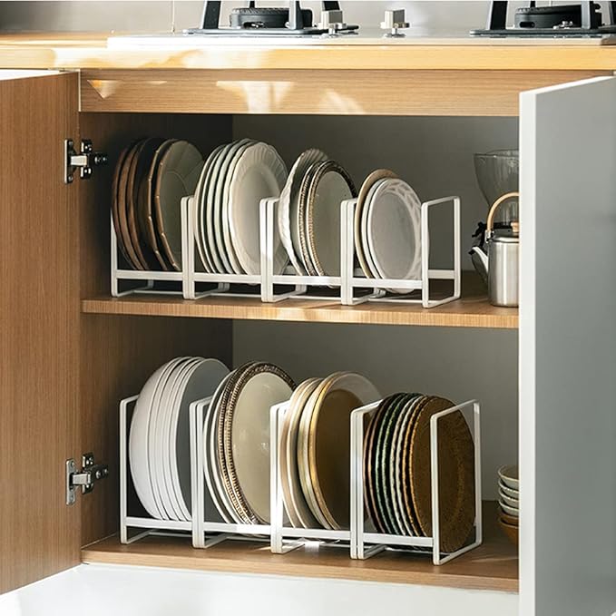 4PCS Plate Holders Organizer, Metal Dish Storage Dying Display Rack for Cabinet, Counter and Cupboard - White， 2 Small and 2 Large