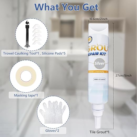Tile Grout Repair Kit, Grout Filler Paste with Silicone Trowel Scraper, 17.64oz, Waterproof