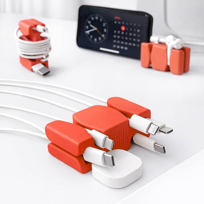 CordBrick Stocking Stuffers for Adults Cord Management Weighted Cord Holder Cable Wrap Phone Stand - Multiuse Gadget Organizer for Nightstand, Desk. Gift for Men, Durable Silicone. 1pk Coral