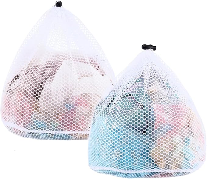 CRASPIRE 2Pcs 2 Styles Drawstring Laundry Mesh Bag White Polyester Rectangle Locking Closure Handy Oxford Dirty Clothes Large Heavy Duty Pouch for Apartment Dorm Washing Machine Travel Garment