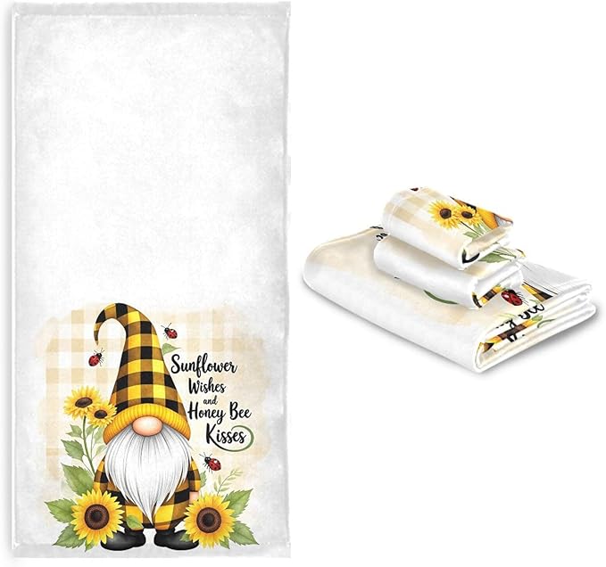 Pfrewn Gnome Sunflower Flowers Towels Set of 3 Bee Plaid Spring Bathroom Towel Soft Absorbent Bath Hand Towels Washcloth Guest Towel Sets Bathroom Decorations