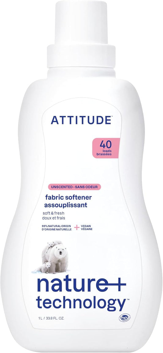ATTITUDE Liquid Fabric Softener, Plant-Based & Vegan, HE Compatible, Naturally Derived, Unscented, 40 Loads, 33.8 Fl Oz