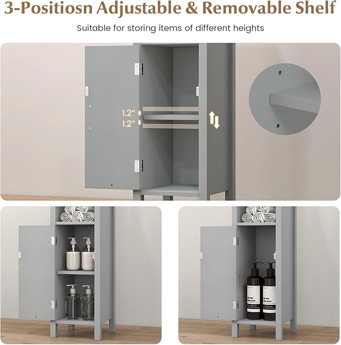 HAPPYGRILL Bathroom Floor Cabinet, Narrow Organizer Console Table Nightstand w/Adjustable Inner Shelves, Freestanding Storage Cabinet for Living Room Kitchen Entryway (Grey)